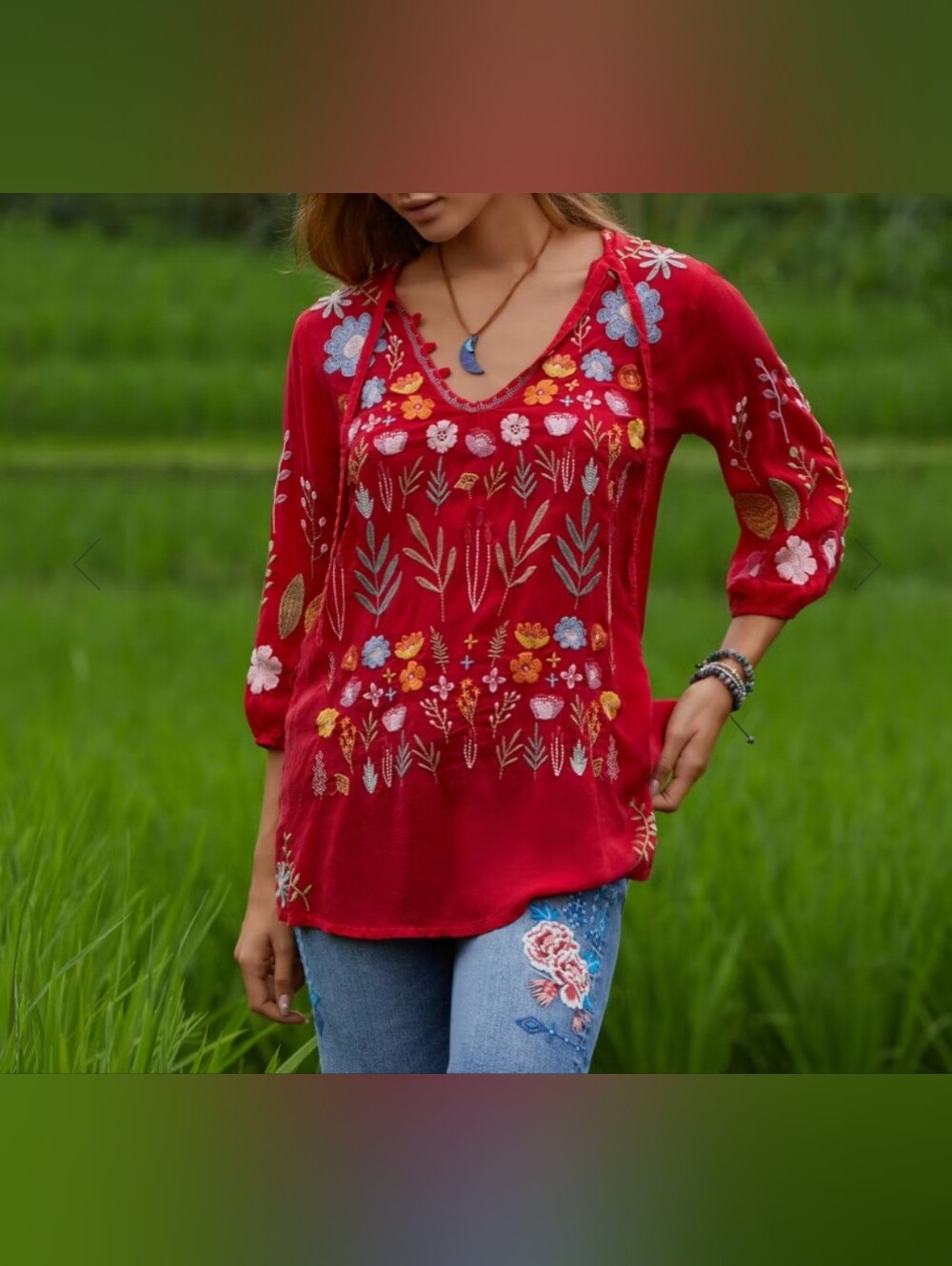 Johnny Was Mikah Tunic Top Raspberry Red Floral Embroidered Boho Size XXL